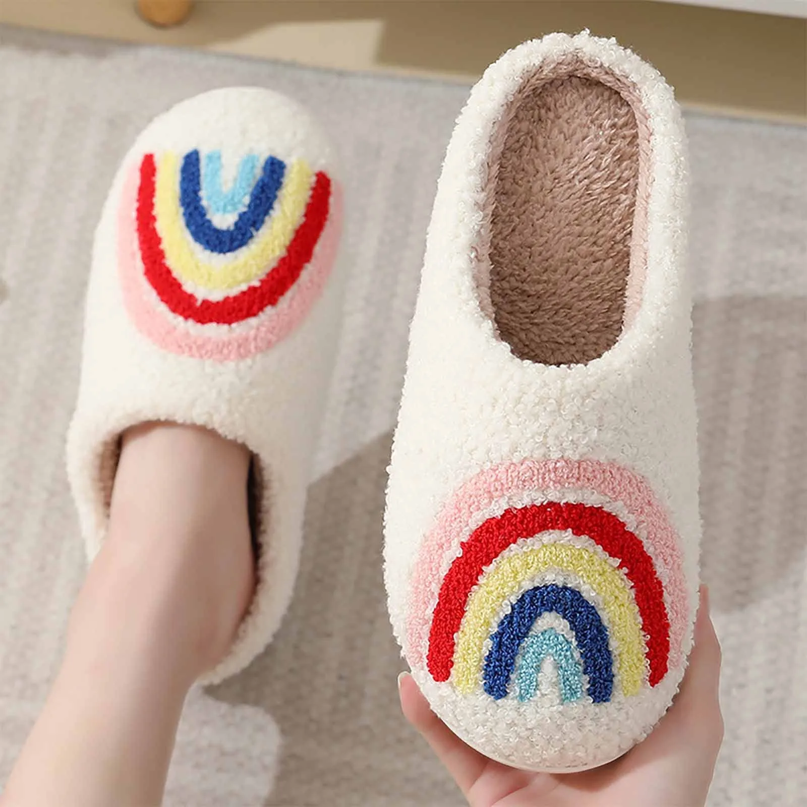 Rainbow Women's Slippers Fluffy Cushion Fashion Slides Cute Women Comfortable Houseshoes Good Vibes Winter Toe Wrap Shoes