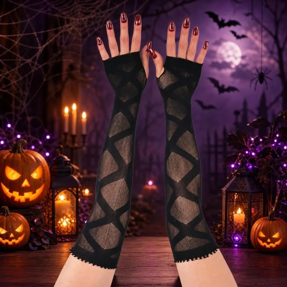 Star Fishnet Long Mesh Gloves Hollow-Out Performance Dance Half-Finger Lace Mittens Arm Sleeves Black Mesh Fishnet Gloves