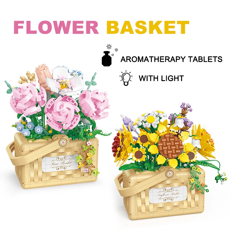 

1295PCS Rose Sunflower Basket Flower Plants Bonsai Building Block LED Fragrance Model Micro Assemble Bricks Toys Gift for Girls