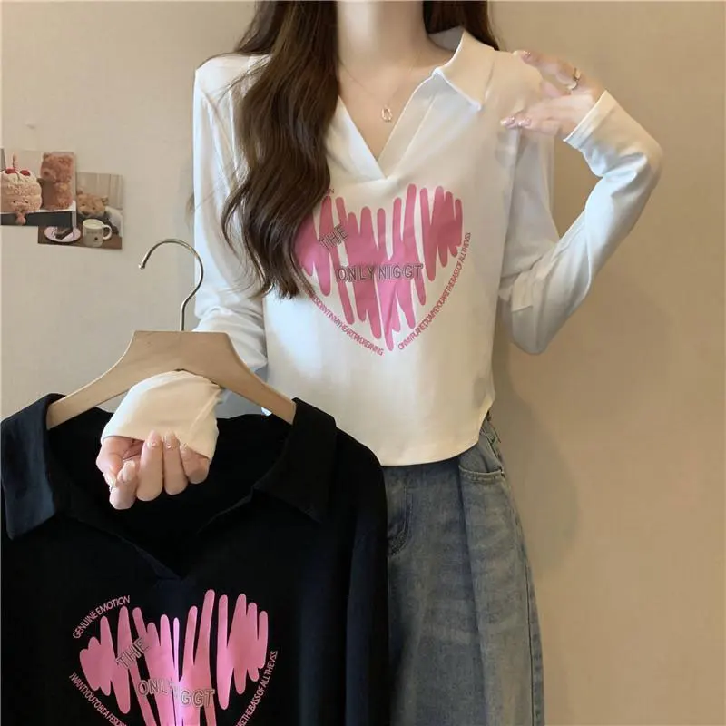 

Loose Long Sleeve Neck T-Shirt Women's Spring Autumn Base Layer Shirt Small Size V-Neck Short Top Korean Style Cotton Blend