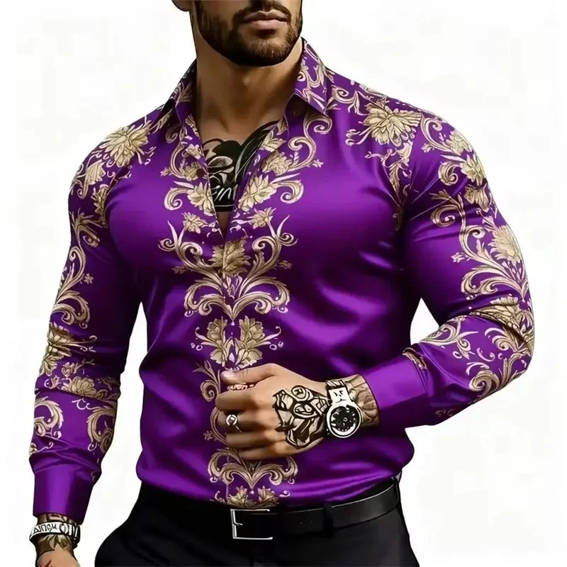 Baroque Print Men's Shirt Light Luxury lightweight Slim-Fit Long-Sleeved Formal Shirt Suitable for Parties Banquets and Business