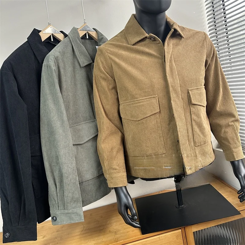 

Мужская вельветовая куртка Ele с воротником-стойкой, повседневная, весенняя, модная, приталенная, с длинными рукавами, простой крой