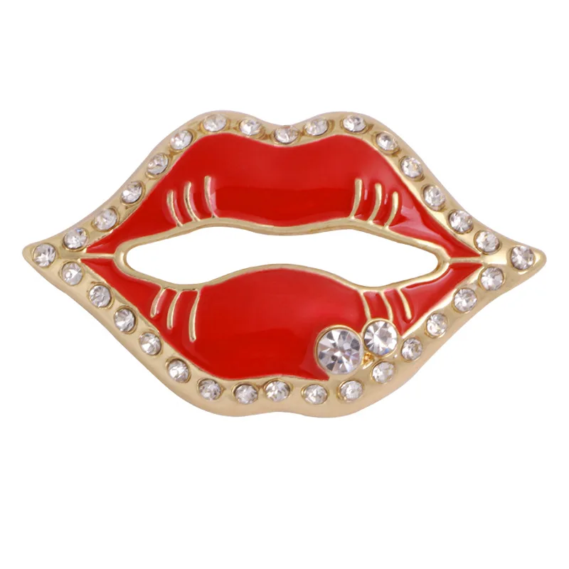 Hot sexy temptation red lips female luxury brooch shiny crystal temperament upscale kiss pin personalized clothing jewelry gift