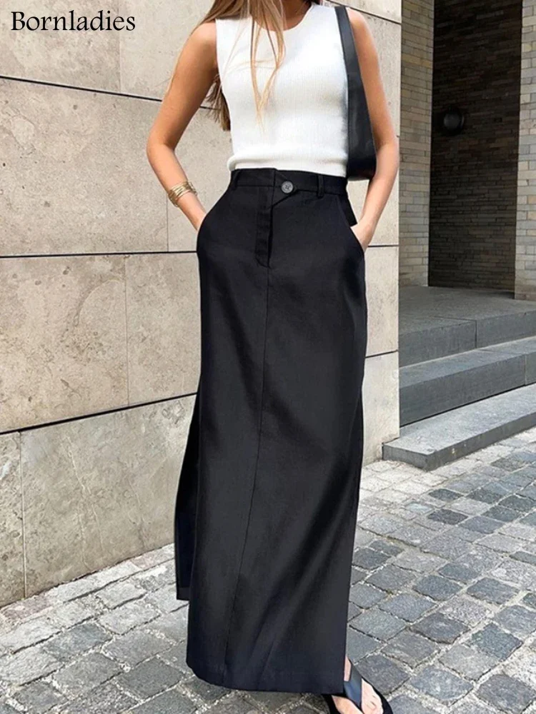 Bornladies 2022 Women\'s Vintage Elastic Waist Buttons  Skirts Summer Female Casual Cotton Black Split Long Skirts