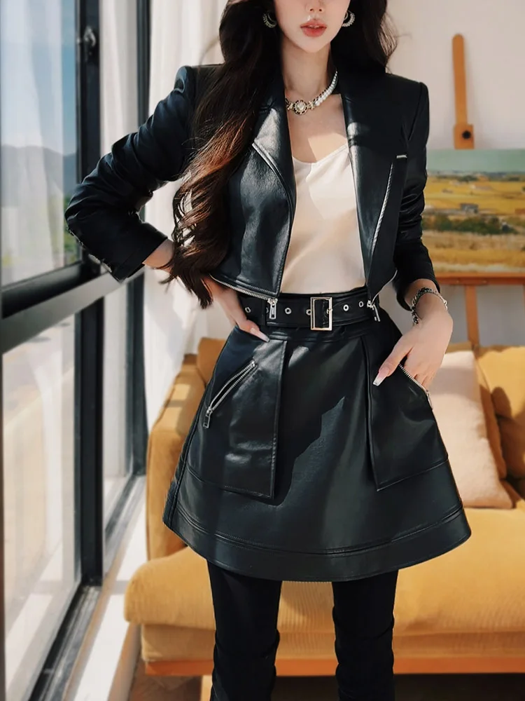 DABUWAWA Tienda Vestidos Elegantes Para Mujeres Turn Down Collar Zippers Short Jacket Women Empire Skirt Y2k Clothes DA1CSE011