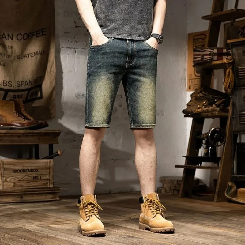 

Summer Fashion New Arrival Distressed Denim Shorts for Men Youth Korean Style Stretch Slim Fit Mid-Length Casual Wear