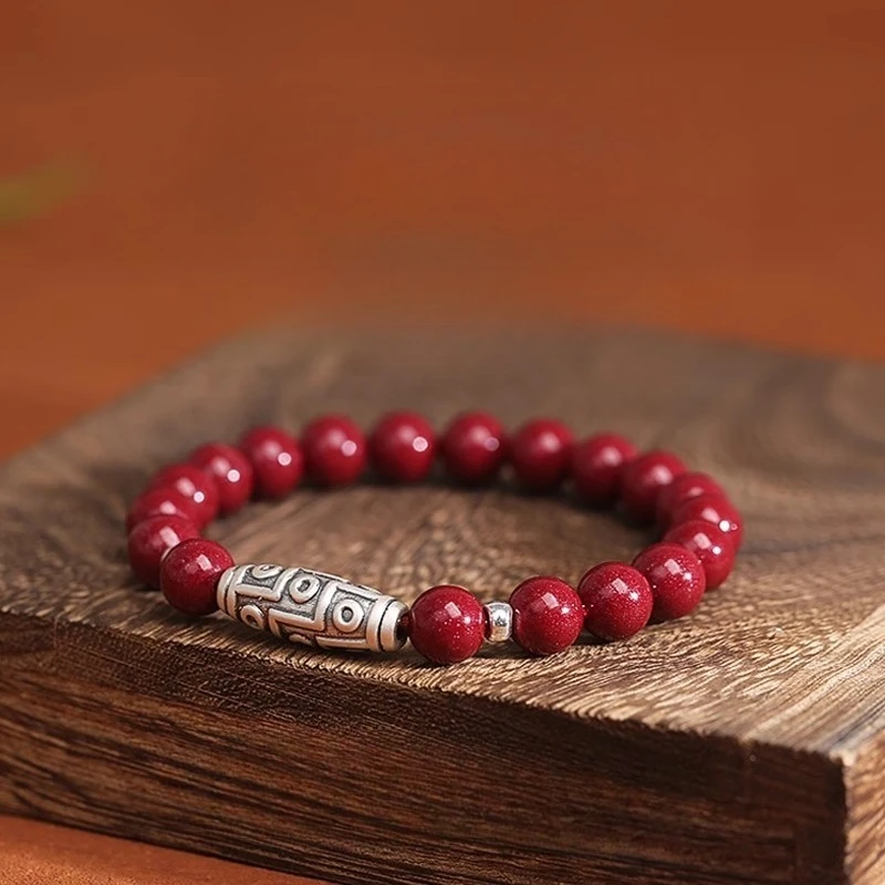 Genuine Natural Cinnabar Bracelet Tibetan Nine Eyes Dzi Bead Sterling Silver New Chinese Zodiac Year Jewelry for Men Women Gift