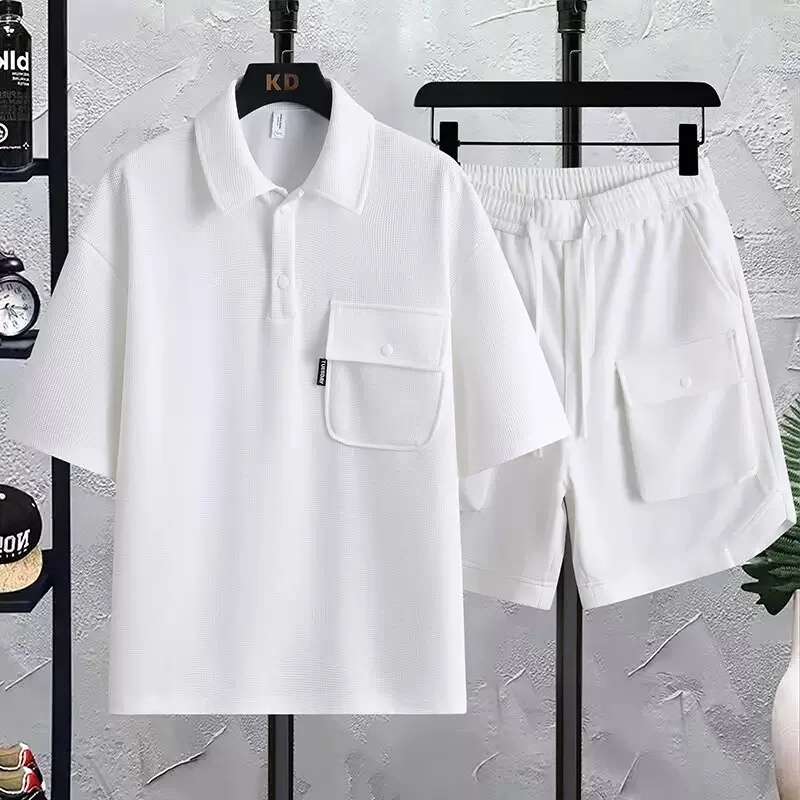 

2026 Summer New Fashion Trend Solid Color Sporty Fitness Short Sleeve T-Shirt Set Men's Casual Loose Oversized Two-Piece Set