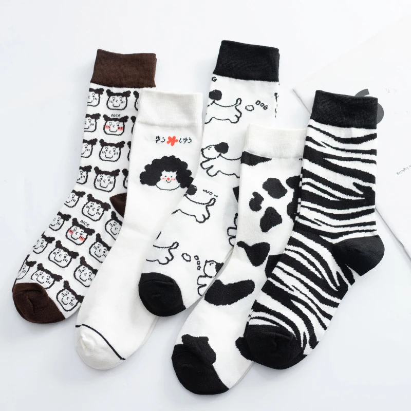 Black Women Socks Ins Tide Brand Japanese Cute Cartoon Illustration Sock Black and White Human Head High Tube Skateboard Socks