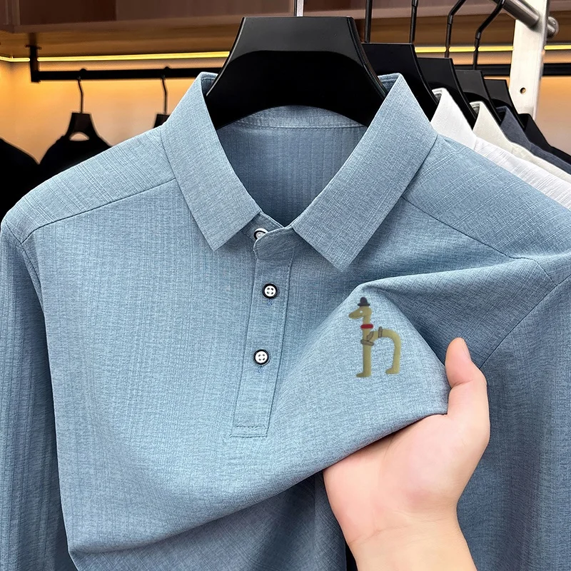 Autumn New Men's Print Polo Shirt Trend Casual Solid Color Long Sleeved Comfort Lapel T-shirt Designer Brand Business Men's Wear
