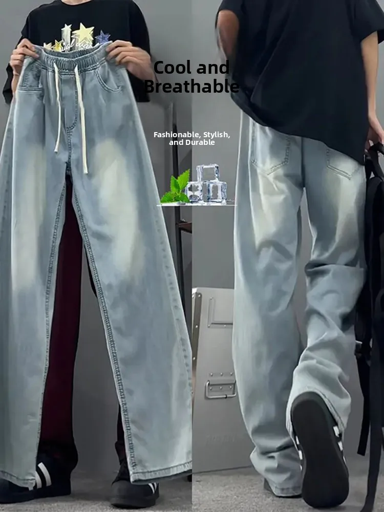 

Light Blue Ice Silk Jeans American High Street Summer Sle Loose Straight Leg Extended Micro Flared Pants for Men