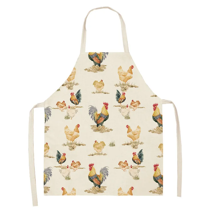 1pc Rooster Hen Printed Linen Apron Dinner Bib Kitchen Cooking Baking BBQ Stain Resistant Apron Home Cleaning Accessories