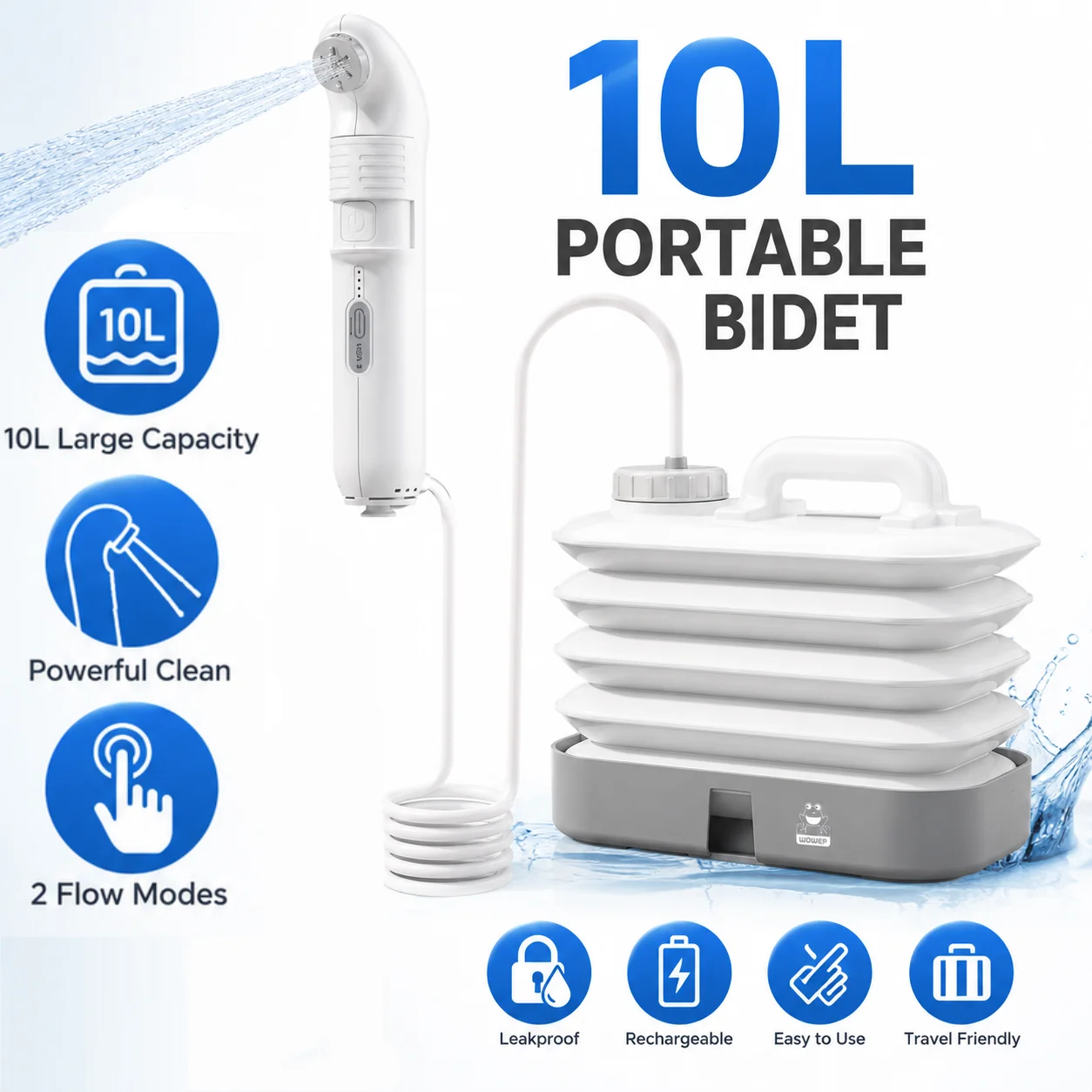 1600mAh Electric Portable Bidet Handheld Shattaf USB Rechargeable Toilet Shower Sprayer with 10L Foldable Bucket for Camping RV