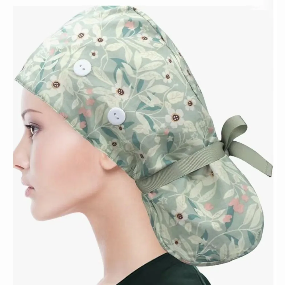 Practical Ponytail Pouch Satin Scrub Caps Button Closure Adjustable Tie Nursing Hats Frizz Reducing Turban Hats Unisex