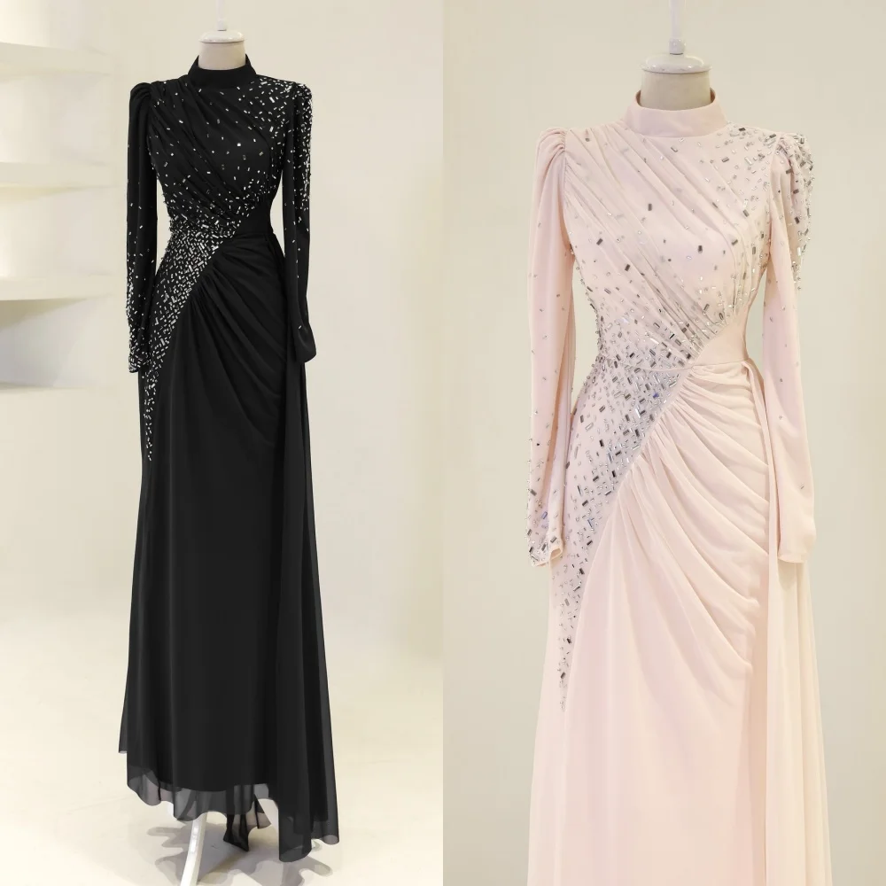 

Customized Intricate Chiffon Pleat Draped Rhinestone Straight High Collar Long Dresses Bespoke Occasion Dresses Exquisite Retro