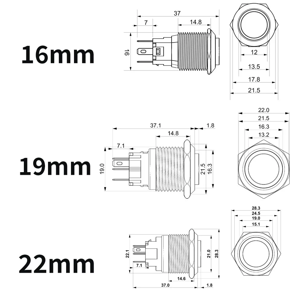 Imagem -02 - Interruptor de Metal para Carro Botão de Ignição Luzes Led Bloqueio Impermeável Auto-reconjunto com Soquete 12v 220v 16 mm 19 mm 22 mm 20 Pcs