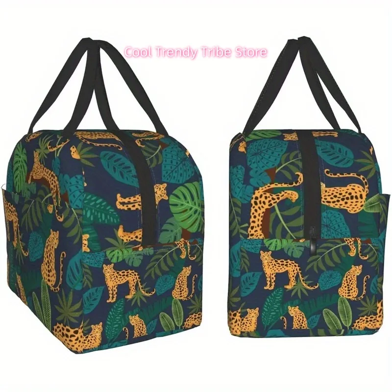 Leopard Lunch Bag Palm Leaf Oxford Cloth Reusable Insulated Lunch Box for Adult Kid Work Picnic Sports Travel Outdoor Activities