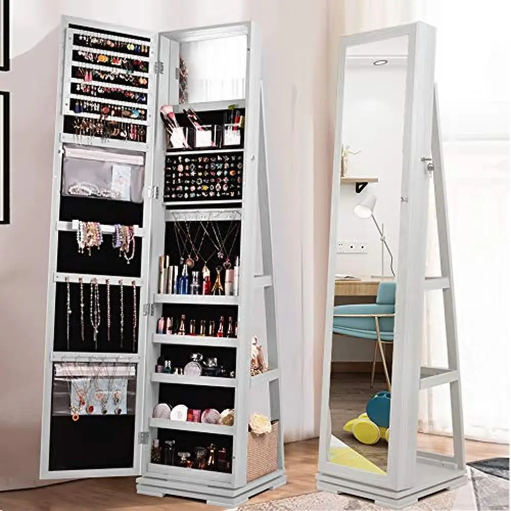 Rotating Mirror Jewelry Armoire Organizer with Lockable Storage Space