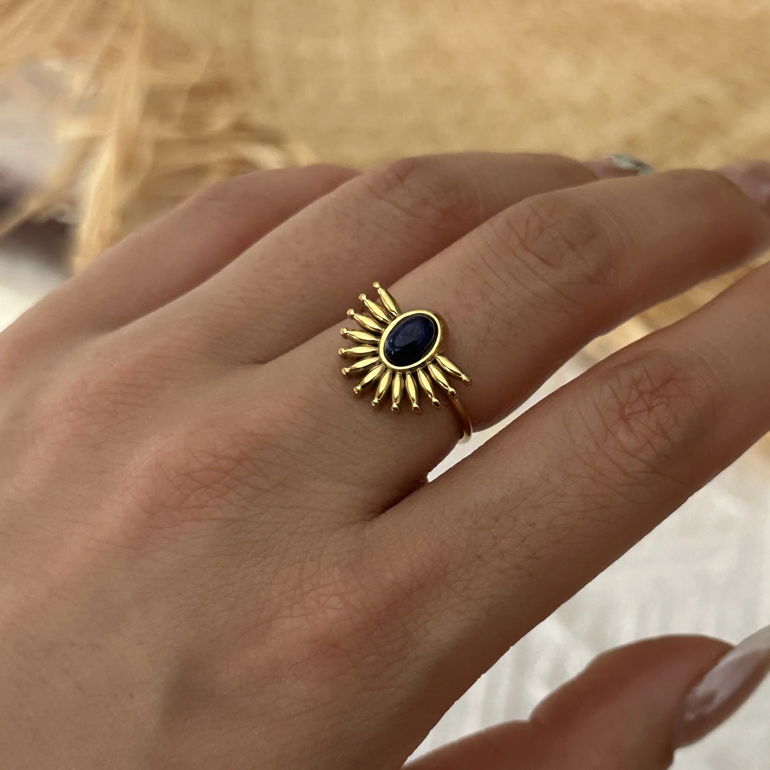 Stainless Steel French Vintage Gemstone Ring For Women Gold Plated Sun Stackable Open Finger Ring Party Hand Personality Jewelry
