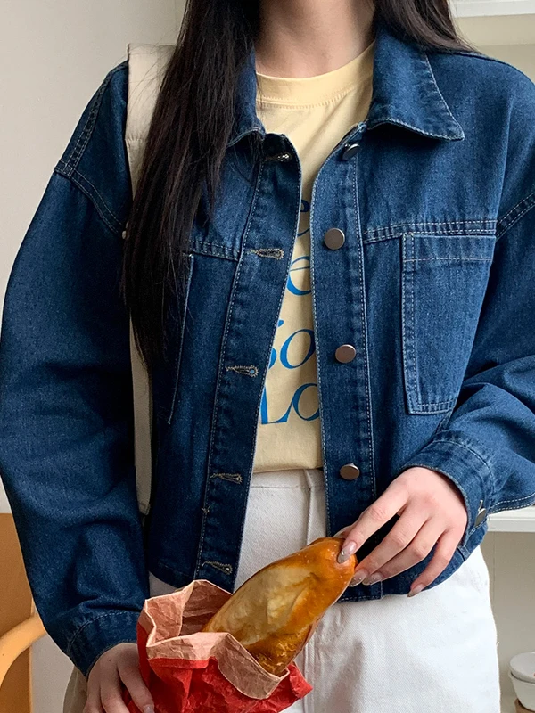 

Fall Vintage Denim Jaet Women Chic Small Faionable Collar Casual Loose Long Sve Outerwear Top Buttoned ort Coat