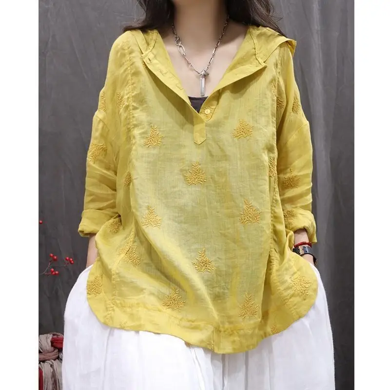 

2025 New Spring Cotton Linen Blouse Women Loose Embroidered Fitting Hooded Sun Protection Clothing Versatile Casual Shirt