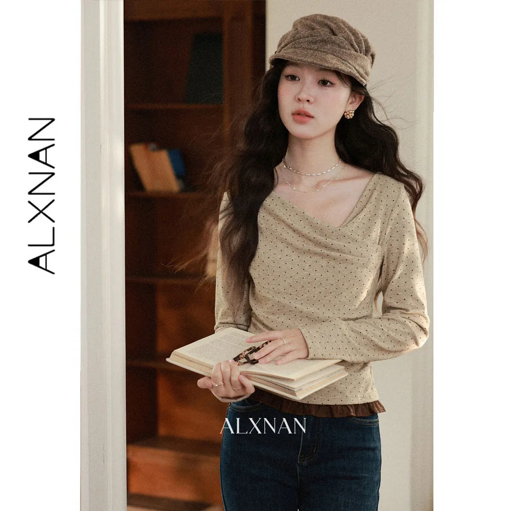 ALXNAN Women's Oat Polka Dot T-shirt Autumn Vintage Irregular Waist Elegant Pullover 2026 Fashion Slim-fit Casual Top L68326