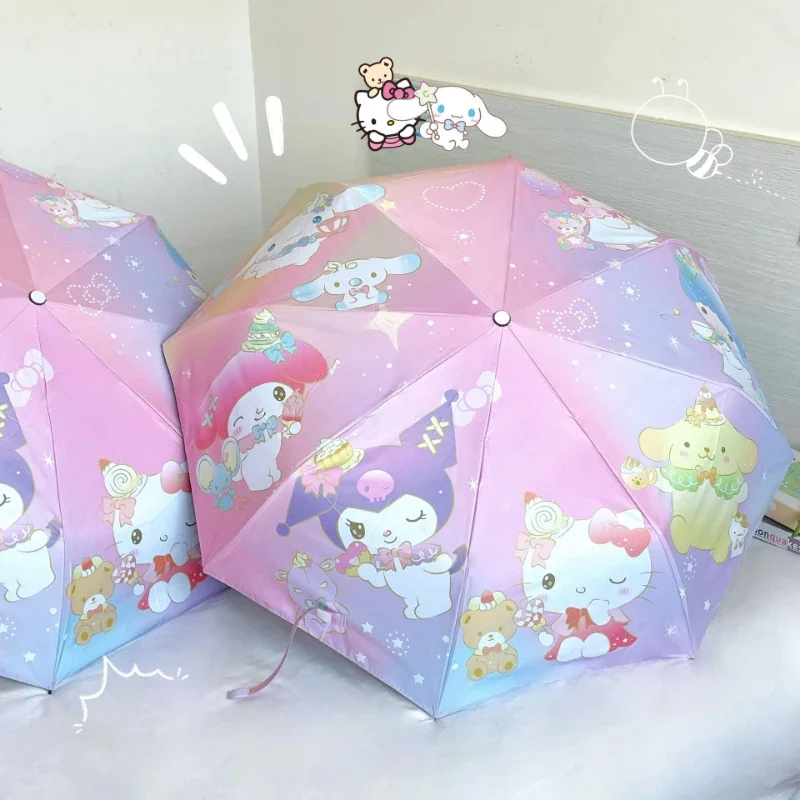 Sanrio Hello Kitty Guarda-chuva, Cinnamoroll, Kuromi, Minha melodia, Desenhos animados, Totalmente automático, Vinil, Sol, Dia chuvoso, Presente