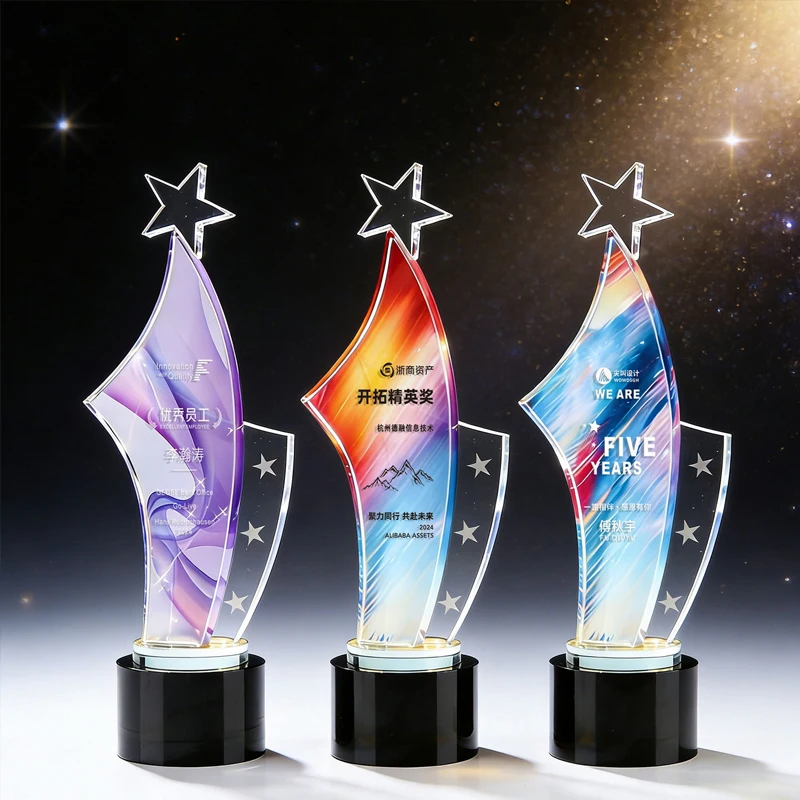 Customized Pentagram Transparent Crystal Trophy, Excellent Company Annual Meeting Award Souvenirs, Lettering Color Printing, 1Pc