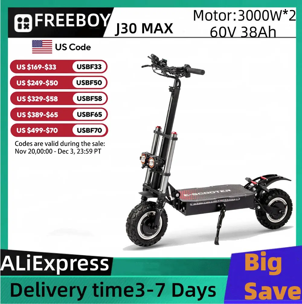 

FREEBOY J30 MAX Adult Electric Scooter 3000W*2 Motor, 60V 38AH Folding E-Scooter 11 Fat Tire E-Mountain Scooter