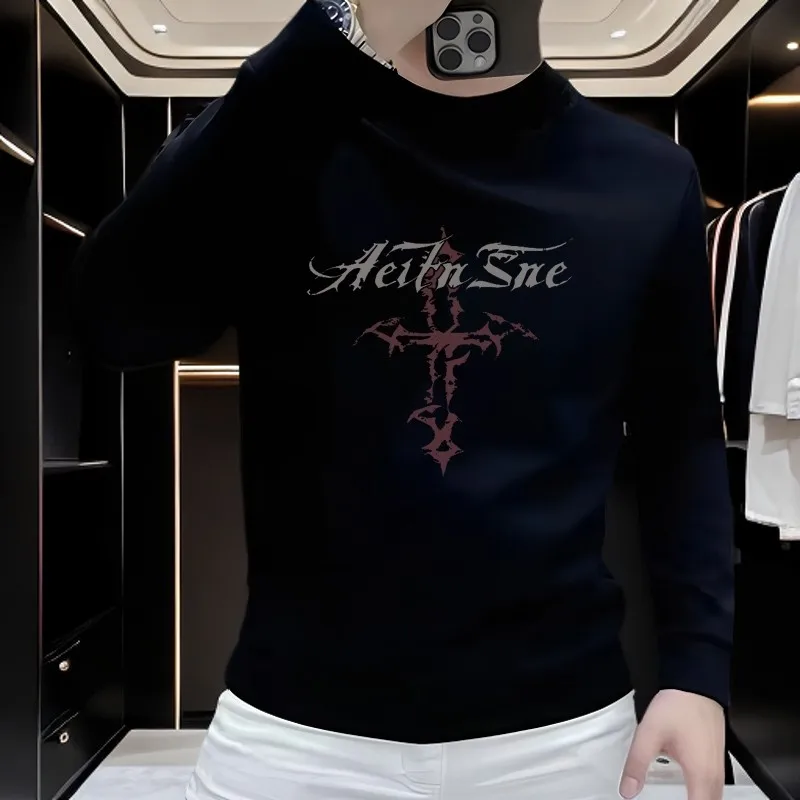 

Thiened American Cool Cross Print Men's round Ne Sweatirt Autumn Winter Cotton Crew Ne Pullover Hip Hop Streetwear