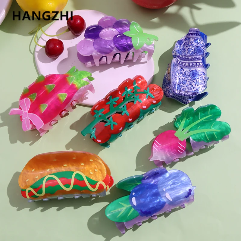 HangZhi Fruit Double Sided Printing Hair Clips for Women Girl Cute Hair Claw Acrylic Vegetable Hair Jewelry Accessories 2023 New