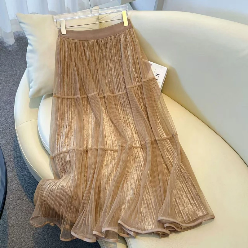 2025 Spring Fall Women Stretchy High Waisted Beige Black Khaki Mesh Long Skirt , Woman Fashion Patchwork Velvet Skirts