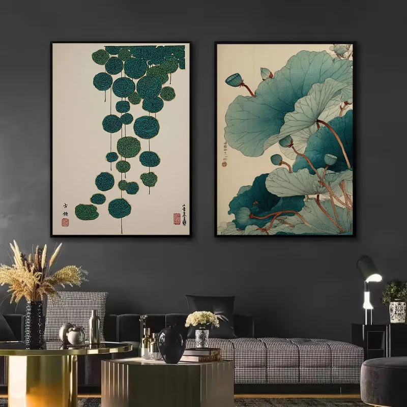 Vintage Minimalist Japanese Landscape Moon Reflection Coulds Mountain Lotus Poster Canvas Painting Wall Pictures Home Decor