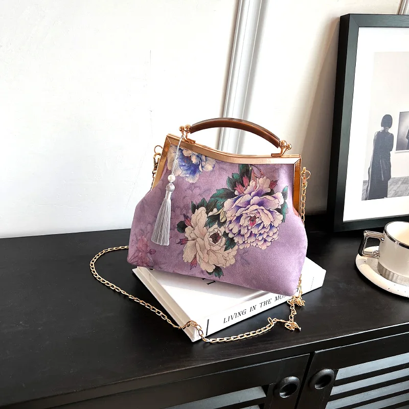 Vintage Chinese Style Evening Bags Purple Peony Print Ladies Handbags Clutches Gold Chain Shoulder Bag Wedding Party For Women