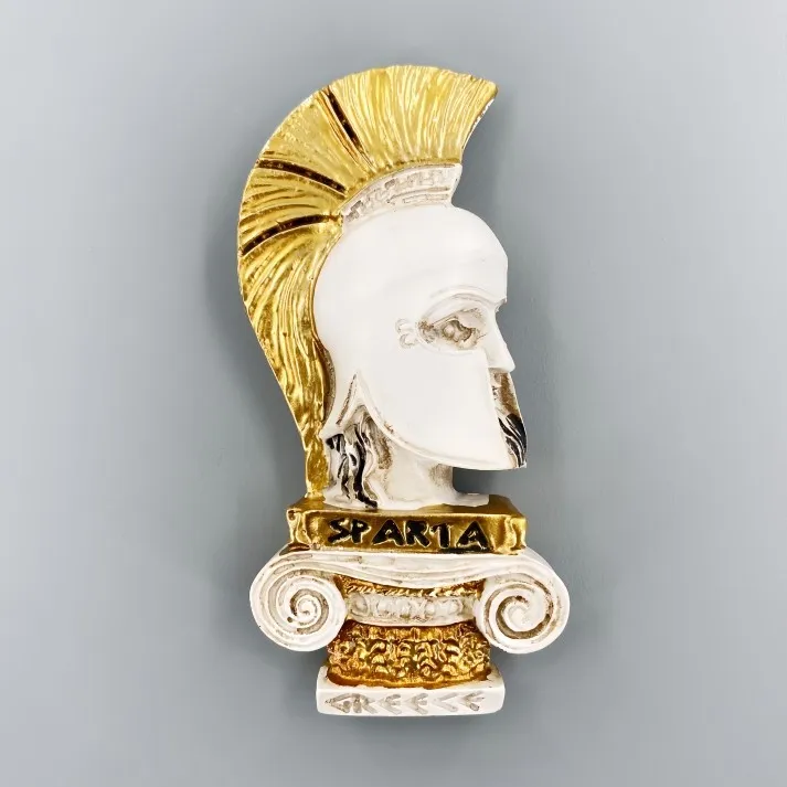 Greek cultural tourism souvenirs featuring three-dimensional Spartan warrior helmets and refrigerator stickers