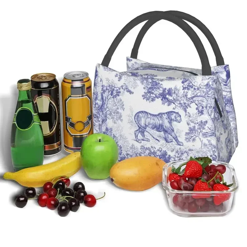 

Custom Vintage Classic French Toile De Jouy Navy Blue Motif Pattern Lunch Bag Cooler Thermal Insulated Lunch Box for Work Travel
