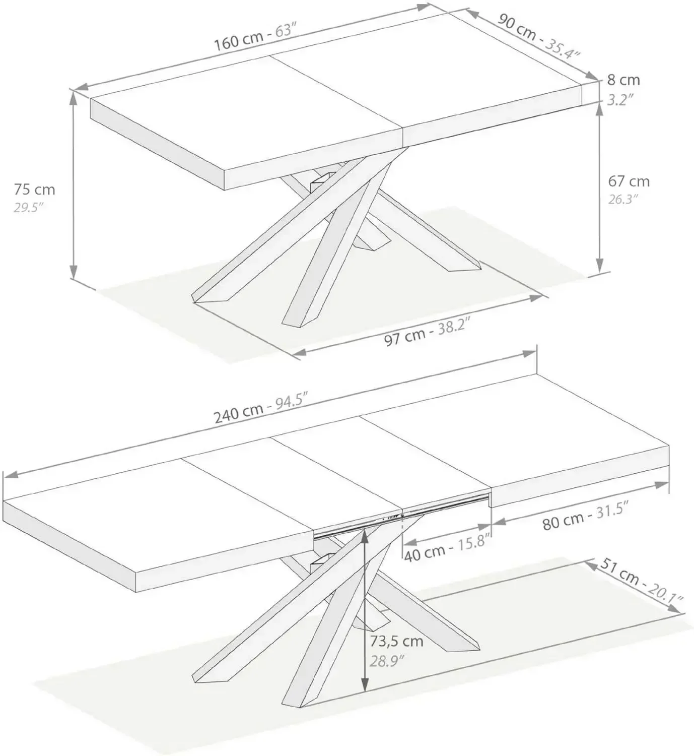 (XMSJ-Hot)Emma 63(94,5) x35,4 بطاولة طعام قابلة للتمديد، بلوط ريفي مع أرجل متقاطعة سوداء، تتسع لـ 6-10 أشخاص، طعام قابل للتوسيع