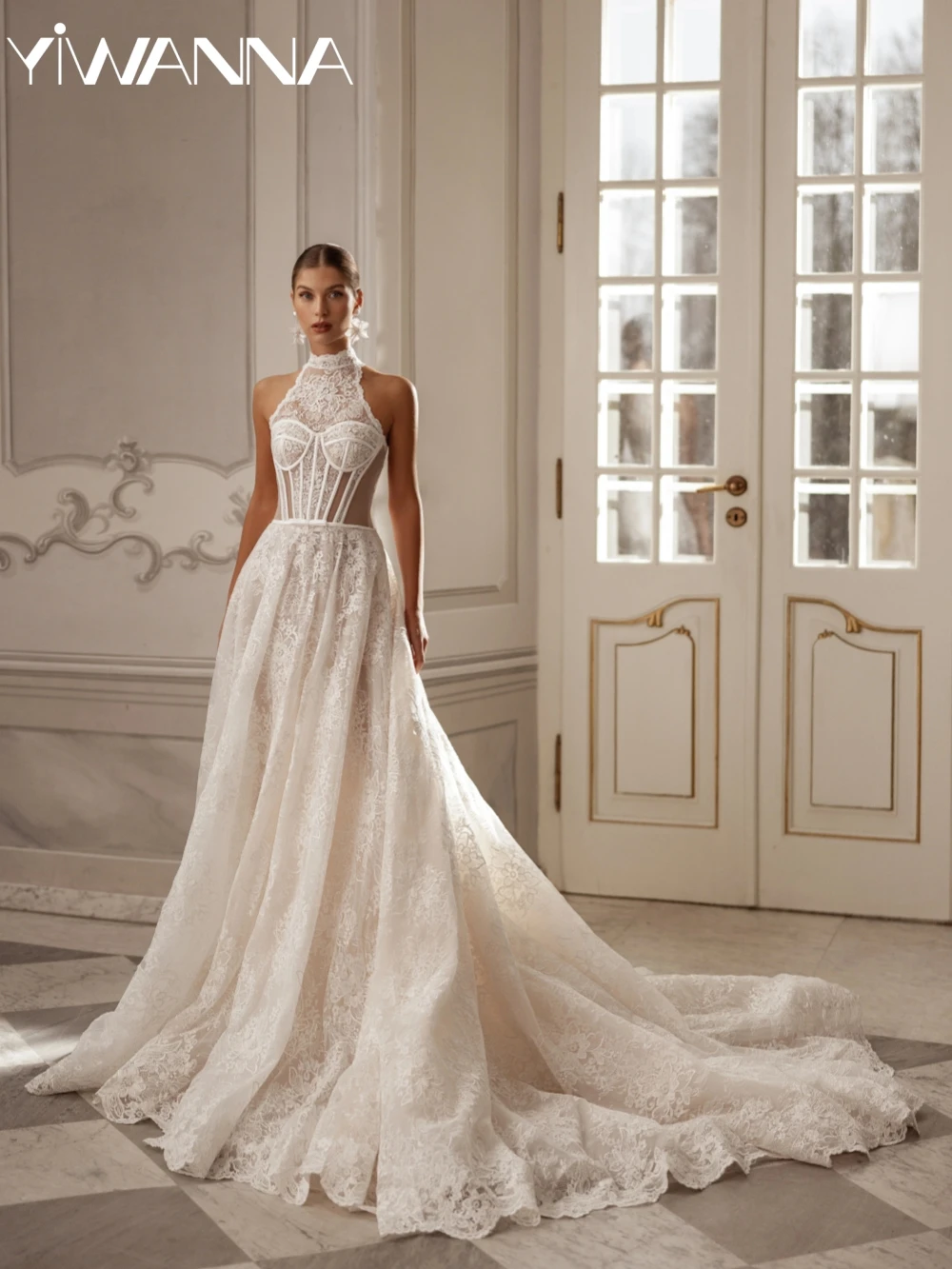 

New Arrival Modern Halter Lace A-line Long Wedding Dress Sexy Sleeveless Bridal Gown Customized Charming Dresses For Bride