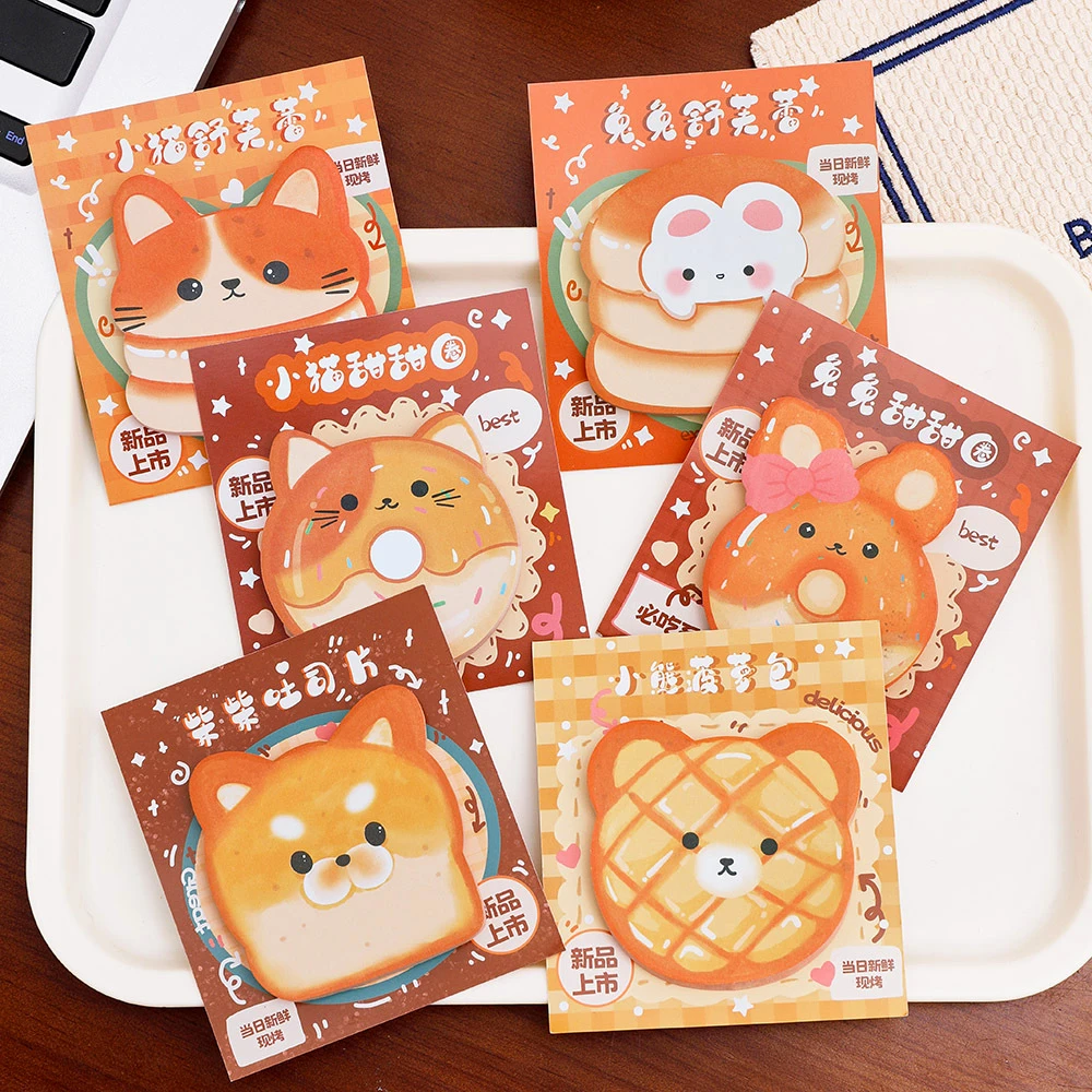 10 unids/lote Kawaii dibujos animados pan Gourmet Bloc de notas pegatinas lindo gato conejo tostada Donuts Soufflé notas adhesivas niños papelería regalos