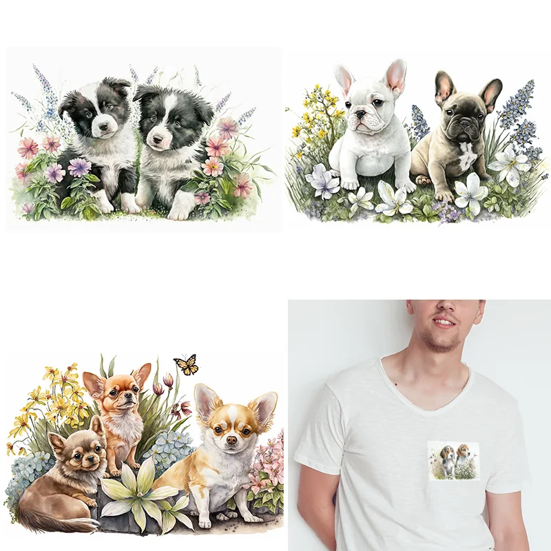 lovely Flower grassland puppy dtf Heat Transfer iron on transfer for clothing Iron On Patches For Clothing.