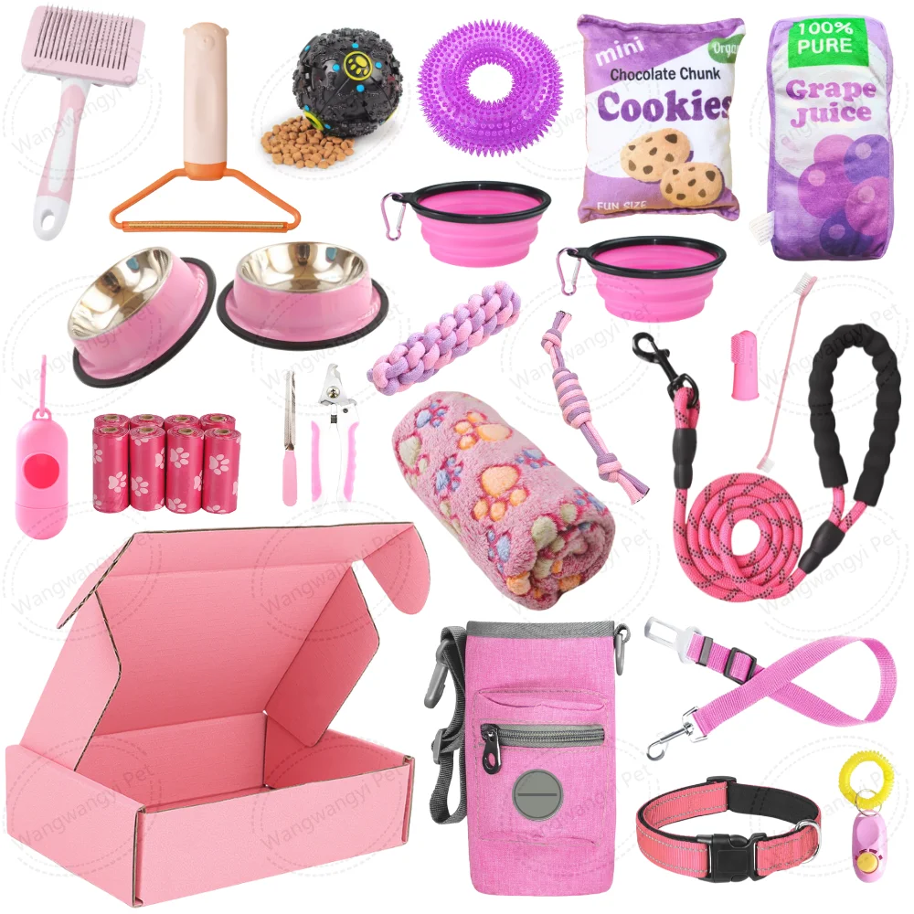 paquete-de-31-articulos-esenciales-para-cachorros-en-rosa-morado-naranja-y-azul-kit-de-inicio-para-perros-pequenos-y-medianos
