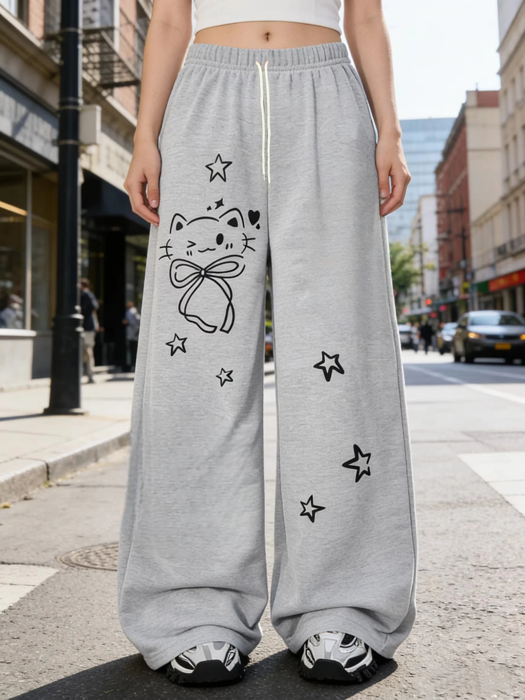 Women's Girls fashion casual trousers spring summer autumn and winter loose straight-leg kids pants with a kitten design