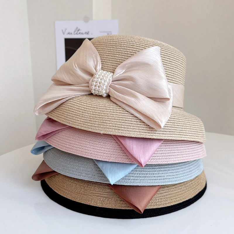 High Quality Summer Straw Hat 2025 New Women Elegant Pearl Bow Hepburn Style Sun Hat Outdoor Folding Sun Protection Beach Hat