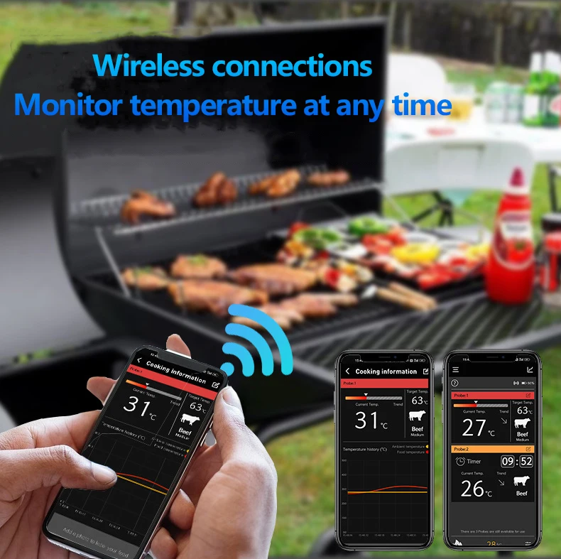 Food Thermometer Digital Wifi Smart Rechargeable Wireless Remote Meat Cooking BBQ For Steak Oven Grill Smoker With Magnet