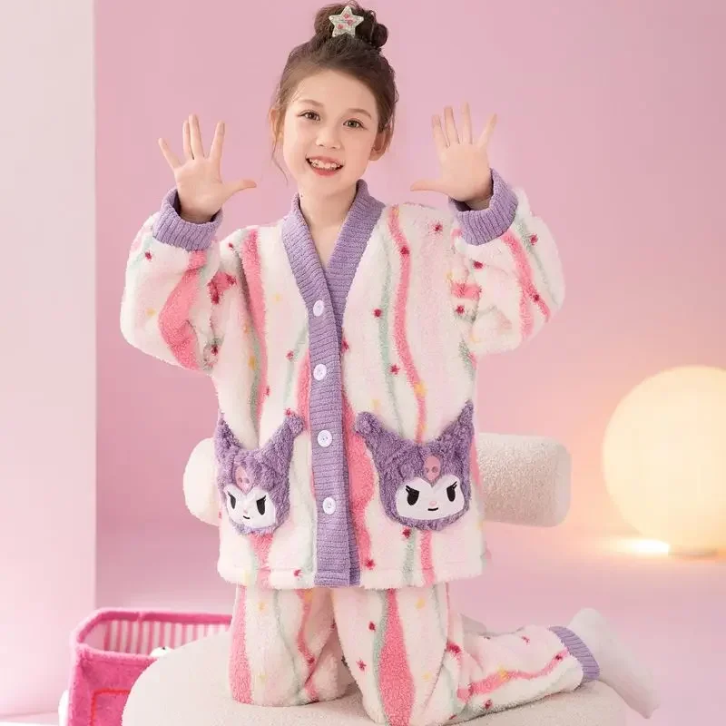 

Children's pajamas autumn and winter thickened coral velvet girls Big children 2024 new flannel monk collar home wear