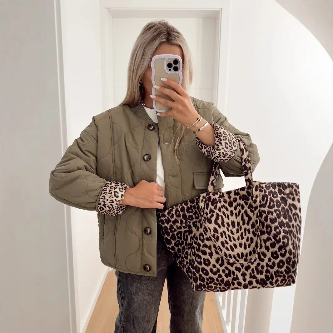 Women Leopard Quilted Parka Coat Single Breasted Long Sleeve Coat Pocket Chic Thick Warm Outerwear Winter куртка женская