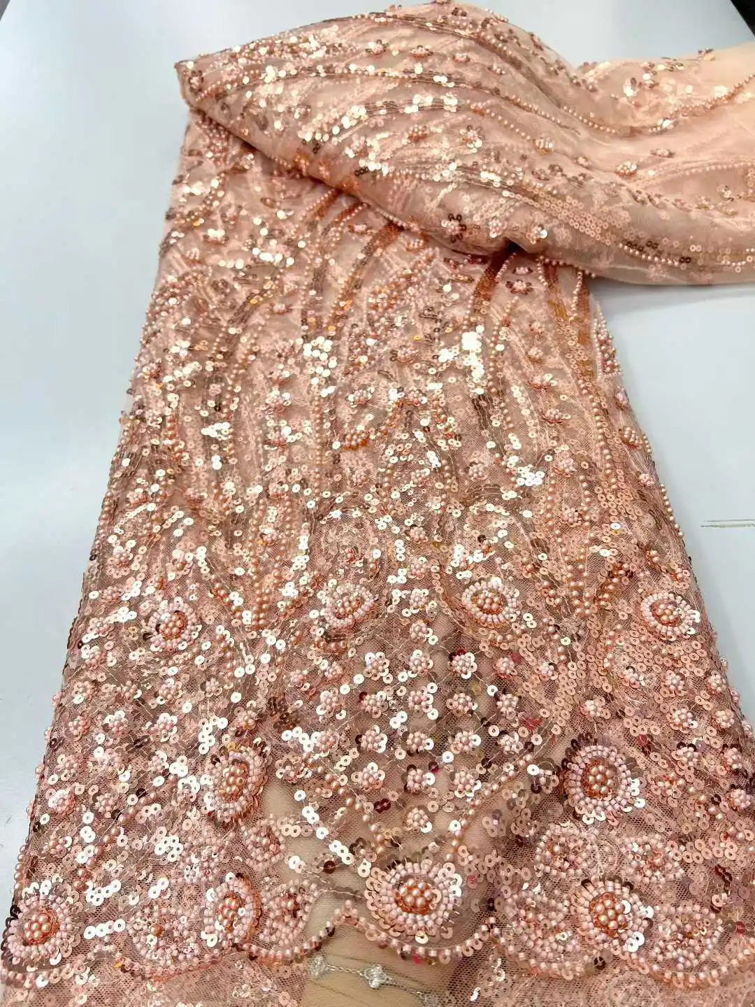 

Африканское нигерийское высококачественное кружевное платье из французского тюля с бисером и пайетками, 5 ярдов, для свадеб и вечеринок