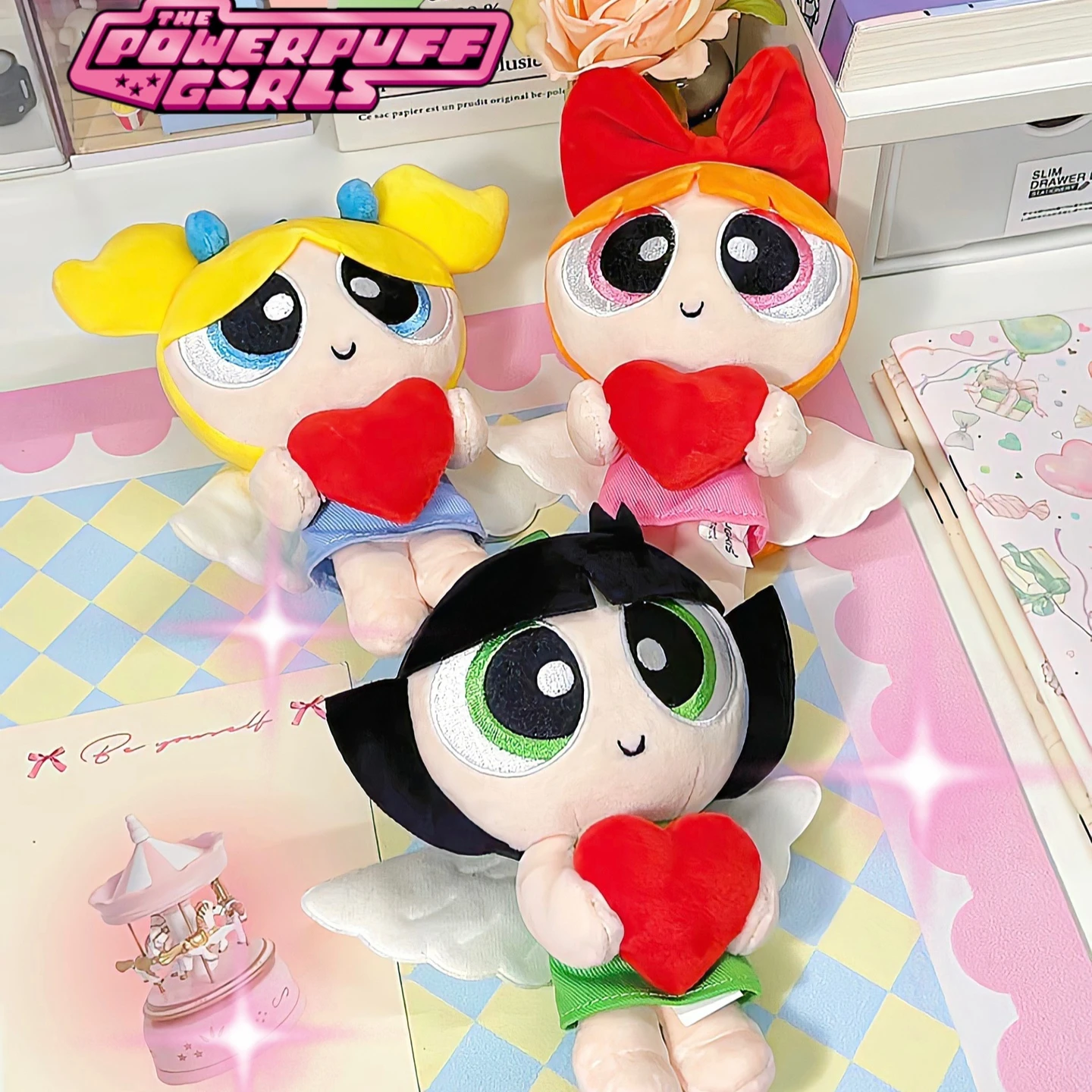 Llaveros de Peluche Suaves Originales de HUGKIS, Las Chicas Superpoderosas, Diseño de Corazón de Ángel, Colgante para Mochila, Decoración, Juguetes, Muñeca, Regalos para Niñas