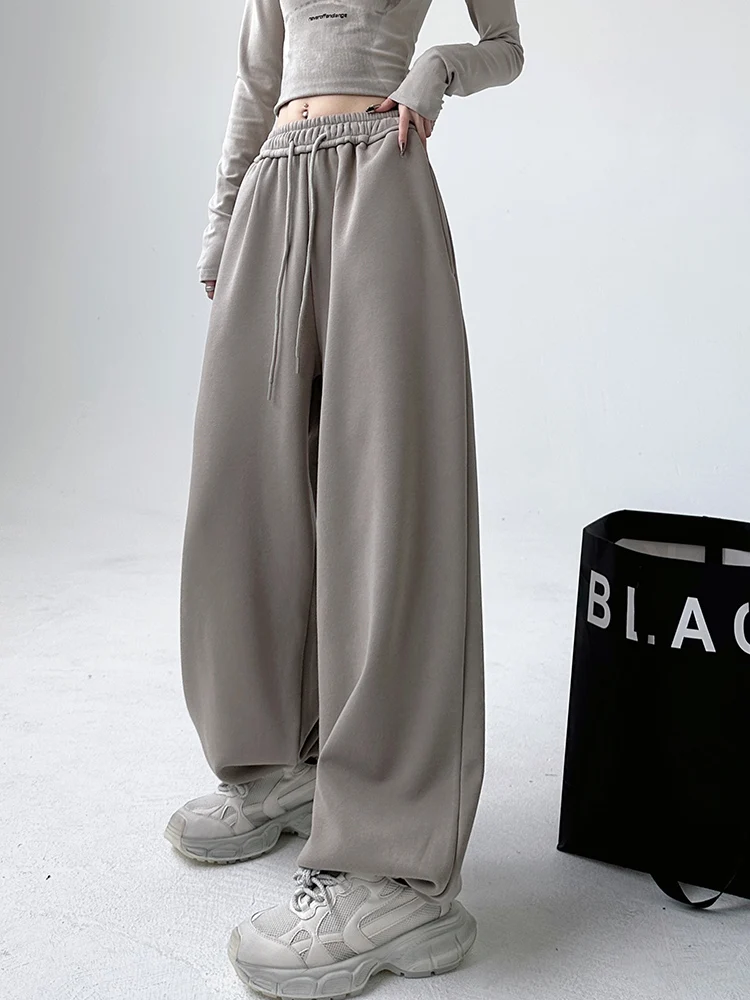 مريحة Dstring فضفاضة المرأة Sweatpants عالية الخصر Fce اصطف السراويل واسعة الساق الخريف الشتاء بناطيل كاجوال