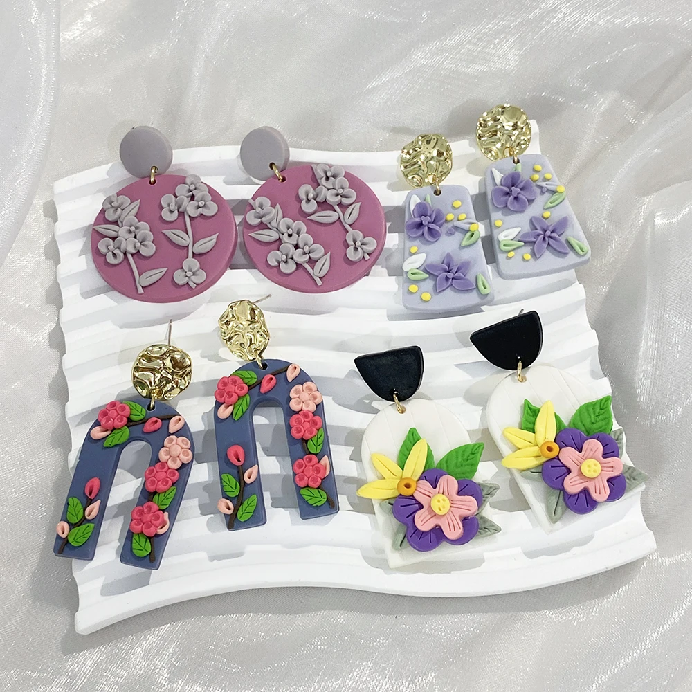 AENSOA Women\'s Multiple Three-dimensional Flower Earrings Trendy Polymer Clay Alloy Geometry Origin Chic Drop Earring Jewelry